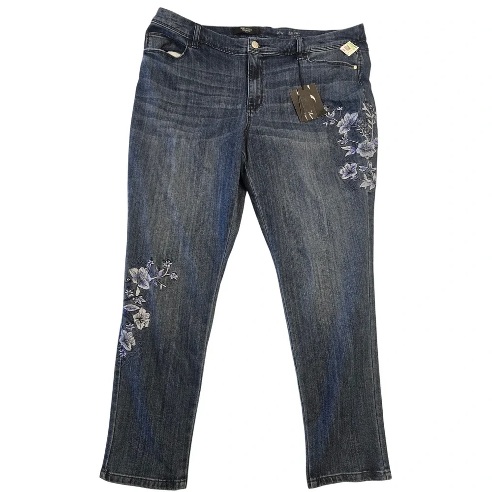 Simply Vera Vera Wang Slimming‎ Stretch Skinny Jeans Blue Floral Embroidered 20W